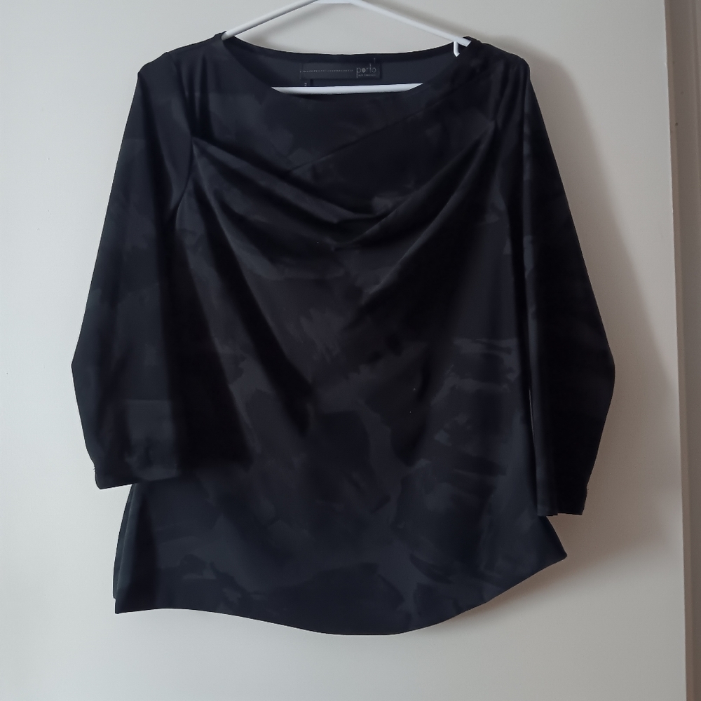 PORTO SF San Francisco Lagenlook Bunchy Gathered Grey + Black Print Top S/M